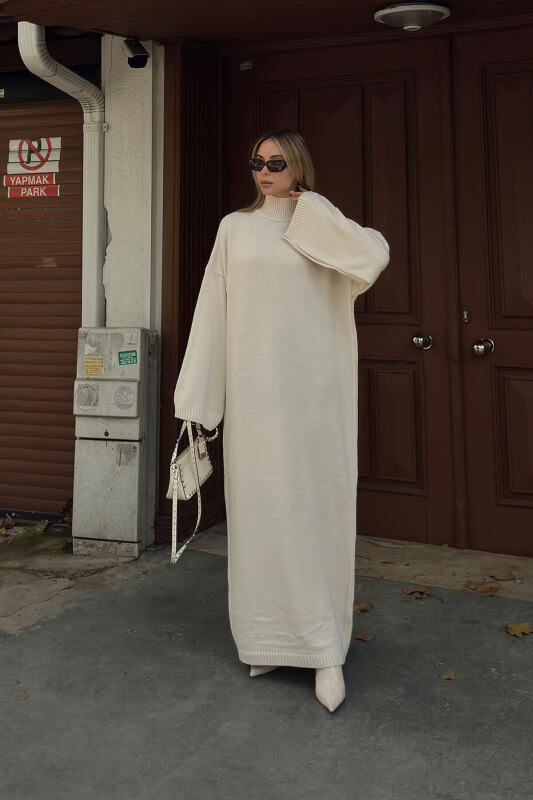 Bej Daly Yarım Balıkçı Oversize Kadın Triko Midi Elbise - SWİST (2)