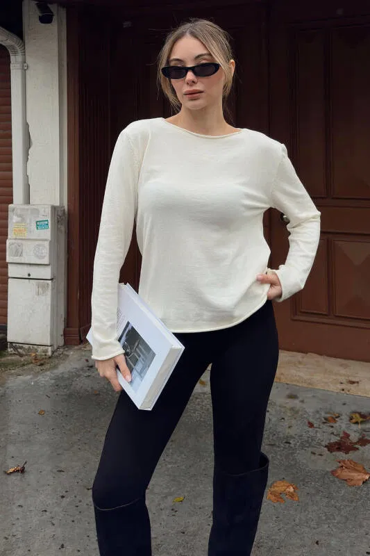 Bej Kayık Yaka Basic Kadın Korsman Triko Bluz - SWİST