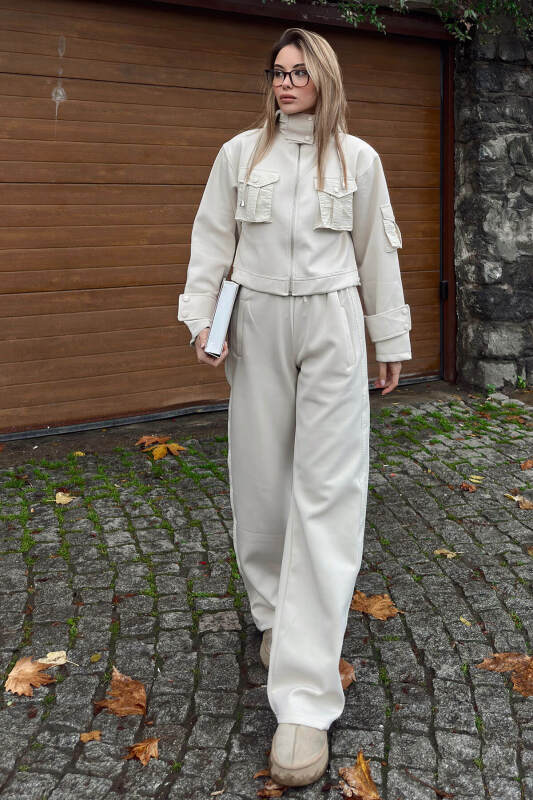 Bej Scuba Kapüşonlu Fermuarlı Crop Pantolon Cepli Kadın Alt Üst Takım - SWİST