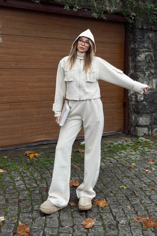 Bej Scuba Kapüşonlu Fermuarlı Crop Pantolon Cepli Kadın Alt Üst Takım - SWİST (2)