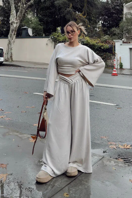 Bej Yarasa Kol Crop Bel Detay Bol Paça Pantolon Kadın Alt Üst Takım - SWİST (2)