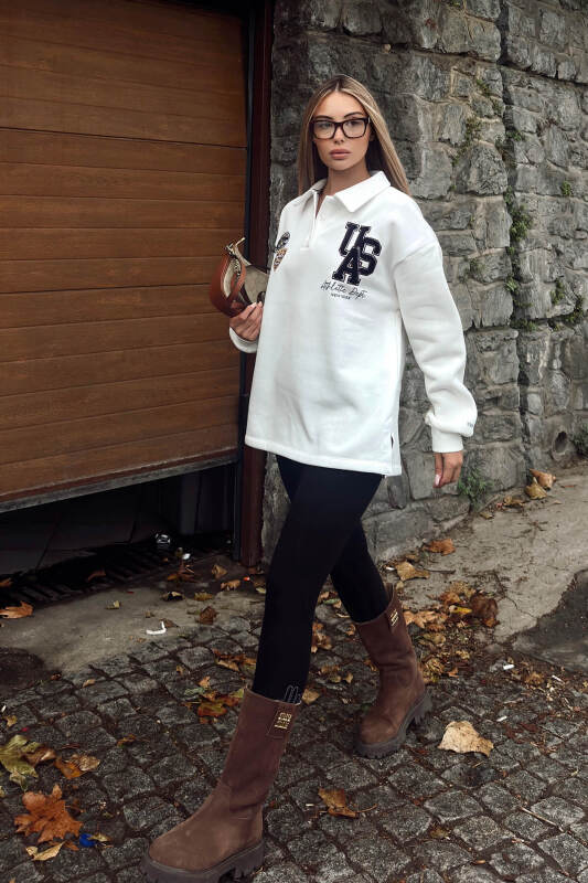 Beyaz Athletic Nakışlı Polo Yaka Şardonlu Kadın Sweatshirt - SWİST (2)