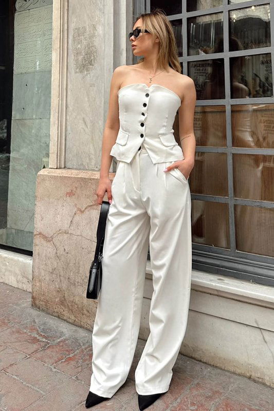 Beyaz Düğmeli Straplez-Pantolon Kadın Alt-Üst Takım - SWİST (2)