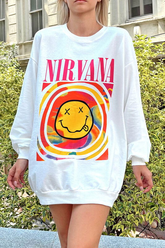 Beyaz Nirvana Baskılı Bisiklet Yaka Kadın Sweatshirt - SWİST (2)