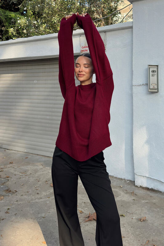Bordo Biscuit Bisiklet Yaka Oversize Kadın Triko Kazak - SWİST (2)