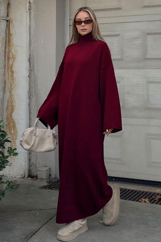 Bordo Daly Yarım Balıkçı Oversize Kadın Triko Midi Elbise - SWİST