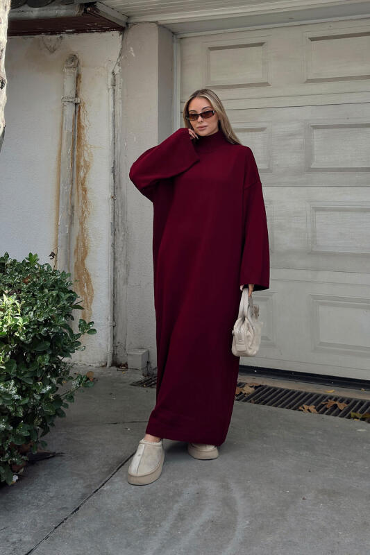Bordo Daly Yarım Balıkçı Oversize Kadın Triko Midi Elbise - SWİST (2)