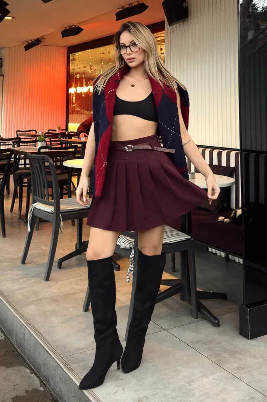 Bordo Full Pileli Kemerli Astar Şortlu Kadın Mini Etek - SWİST (2)