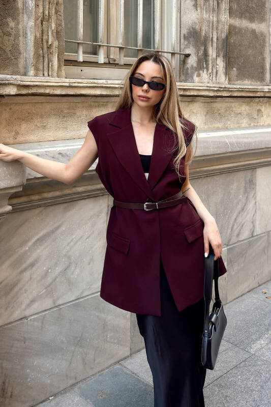 Bordo Kruvaze Vatkalı Kemerli Astarlı Oversize Kadın Blazer Yelek - SWİST (2)