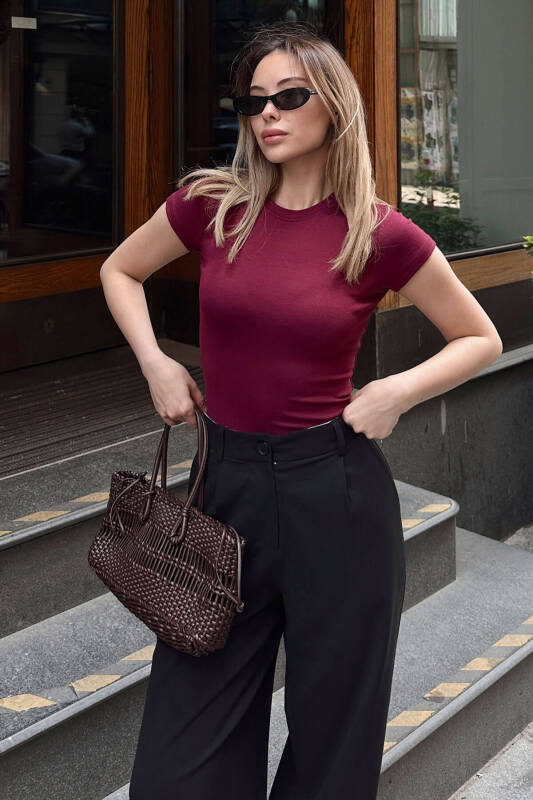 Bordo Modal Kısa Kol Basic Bisiklet Yaka Kadın Body Bluz - SWİST