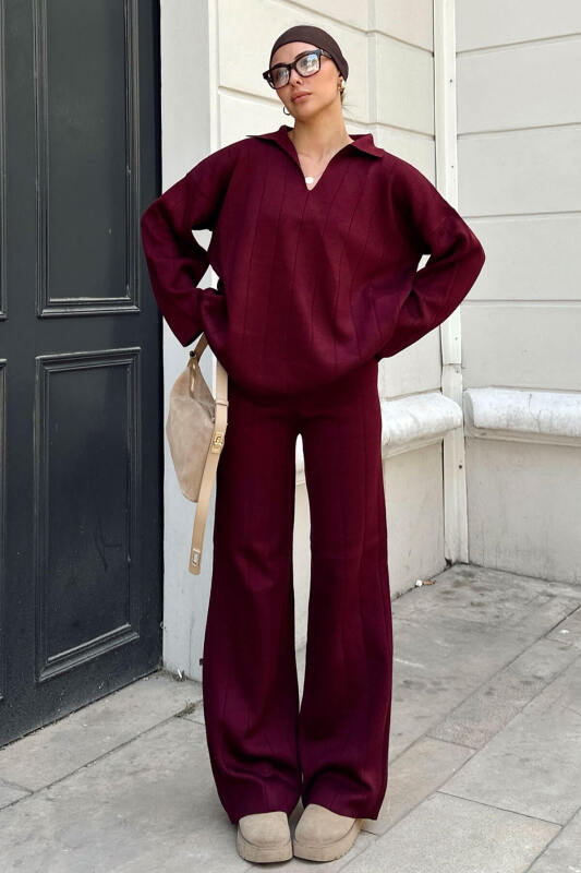 Bordo Pra Polo Yaka Oversize Kazak-Pantolon Örgü Kadın Alt-Üst Takım - SWİST