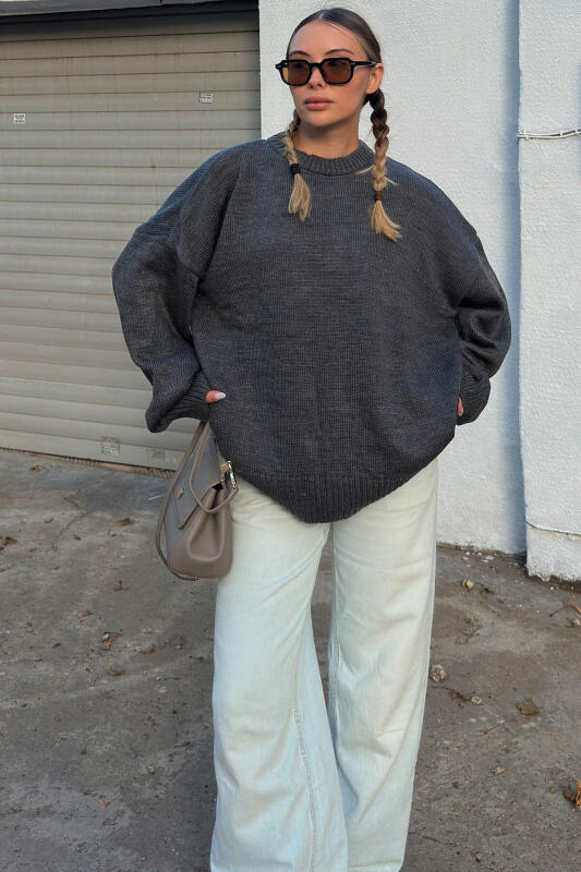 Füme Biscuit Bisiklet Yaka Oversize Kadın Triko Kazak - SWİST