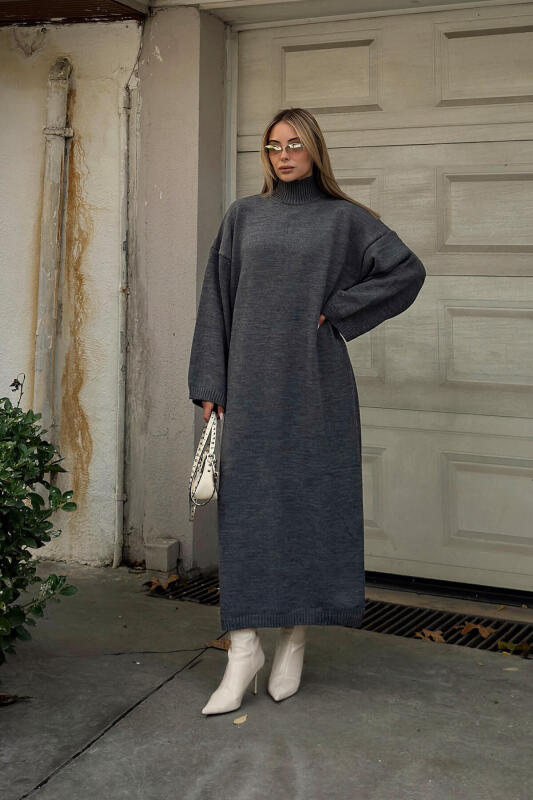 Füme Daly Yarım Balıkçı Oversize Kadın Triko Midi Elbise - SWİST (2)