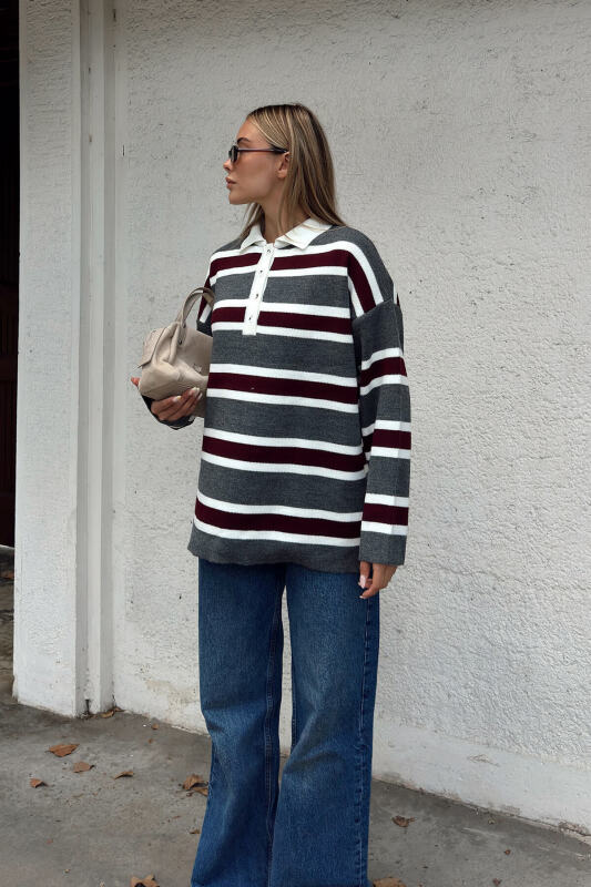 Füme Polo Yaka Kalın Çizgili Kadın Triko Kazak - SWİST (2)