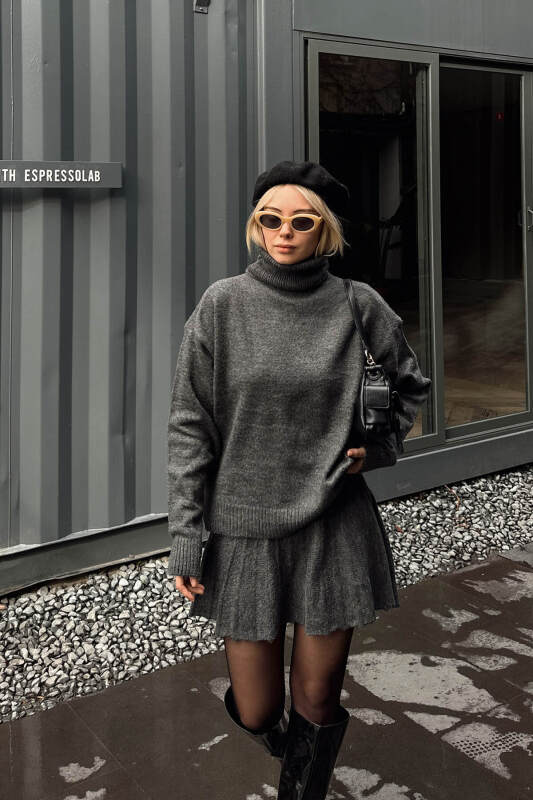 Füme Raina Balıkçı Yaka Kazak-Pilise Etekli Kadın Triko Alt Üst Takım - SWİST (2)