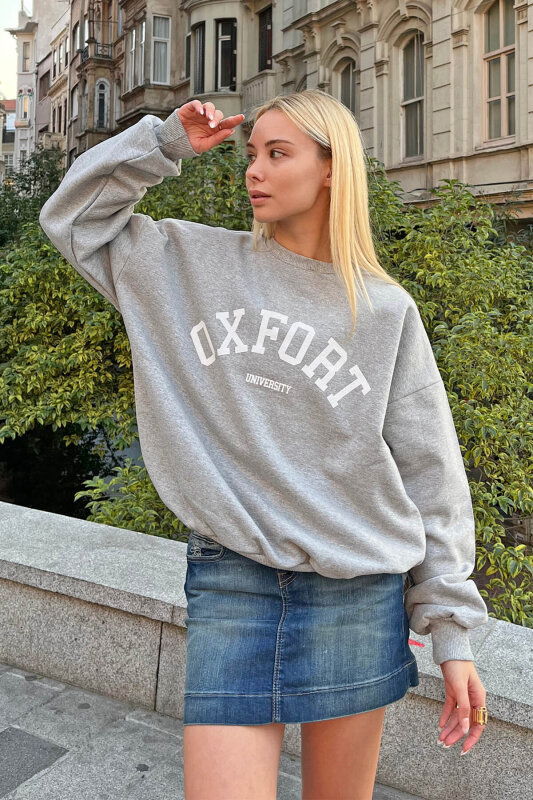Gri Oxfrt Baskılı İçi Pamuklu Kadın Sweatshirt - SWİST (2)