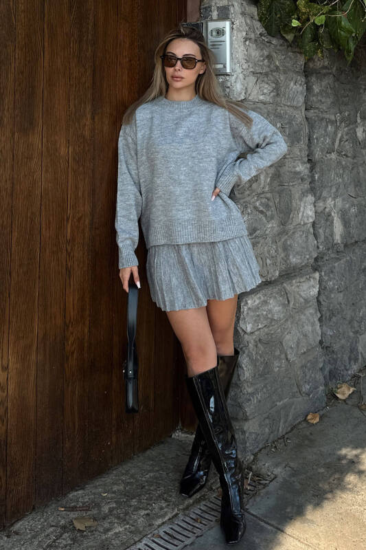 Gri Paloma Piliseli Etek-Bisiklet Yaka Kazak Kadın Triko Alt Üst Takım - SWİST