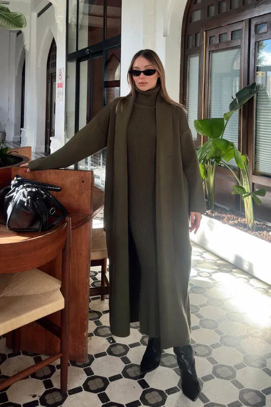 Haki Balıkçı Yaka Sıfır Kol Midi Elbise-Hırka Kadın Triko Takım - SWİST (2)