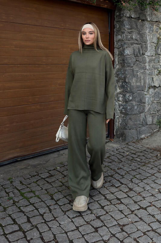 Haki Dik Yaka Arkası Uzun Kazak-Pantolon Kadın Triko Alt Üst Takım - SWİST (2)