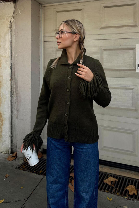 Haki Kol Ucu Püskül Detay Polo Yaka Kadın Triko Hırka - SWİST (2)