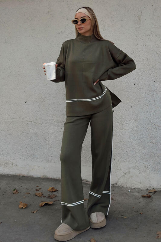 Haki Step Şerit Detaylı Dik Yaka Arkası Uzun Kazak-Pantolon Kadın Triko Alt Üst Takım - SWİST