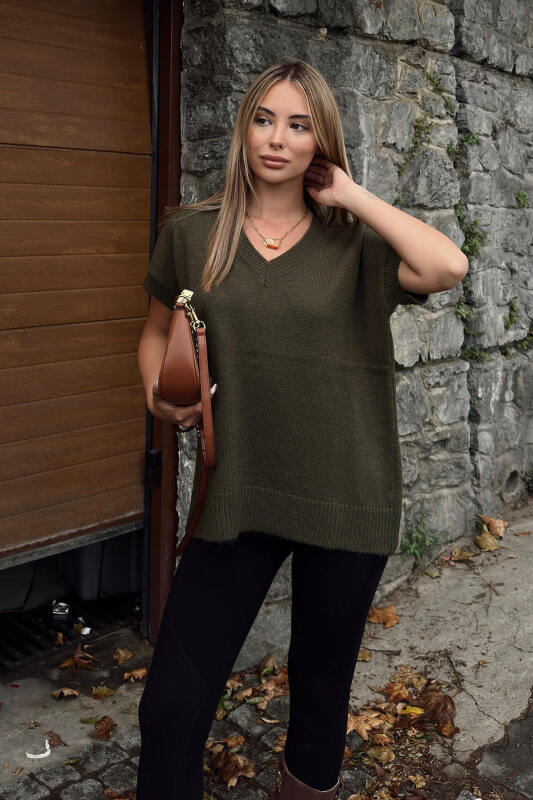 Haki V Yaka Düşük Kol Kadın Triko Süveter - SWİST (2)