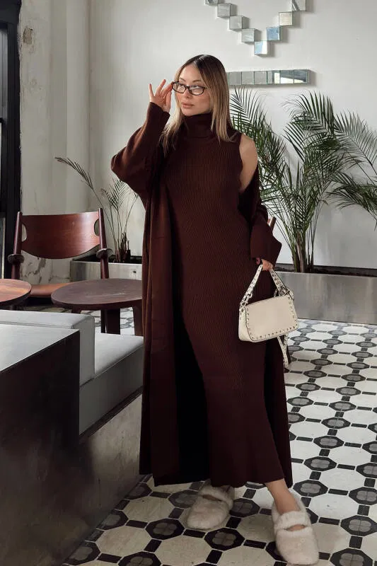 Kahverengi Balıkçı Yaka Sıfır Kol Midi Elbise-Hırka Kadın Triko Takım - SWİST (2)