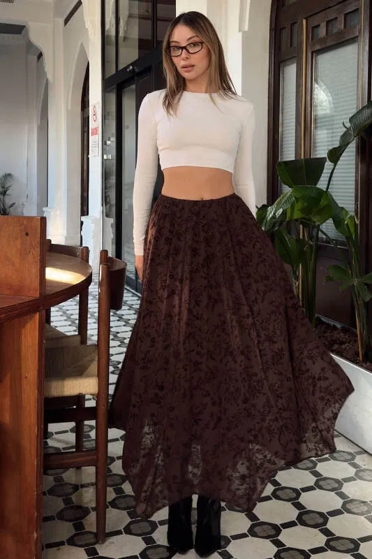 Kahverengi Beli Lastikli Astarlı Flok Baskılı Asimetrik Kadın Midi Etek - SWİST