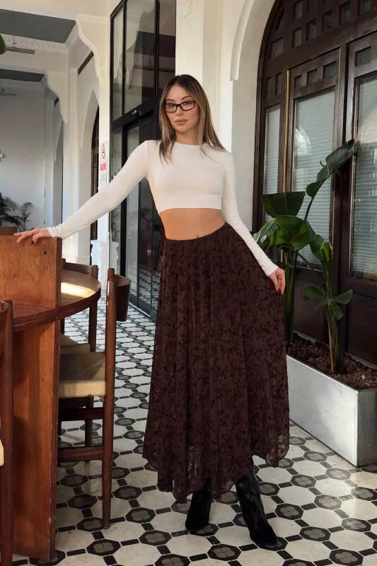 Kahverengi Beli Lastikli Astarlı Flok Baskılı Asimetrik Kadın Midi Etek - SWİST (2)