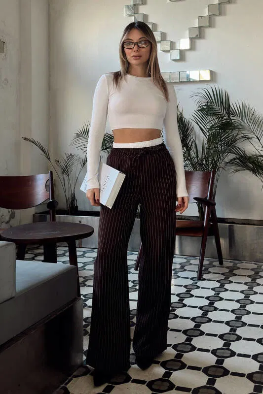 Kahverengi Çizgili Maskülen Bağlamalı Kadın Pantolon - SWİST (2)