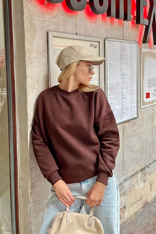 Kahverengi İçi Pamuklu Kadın Basic Sweatshirt - SWİST (2)