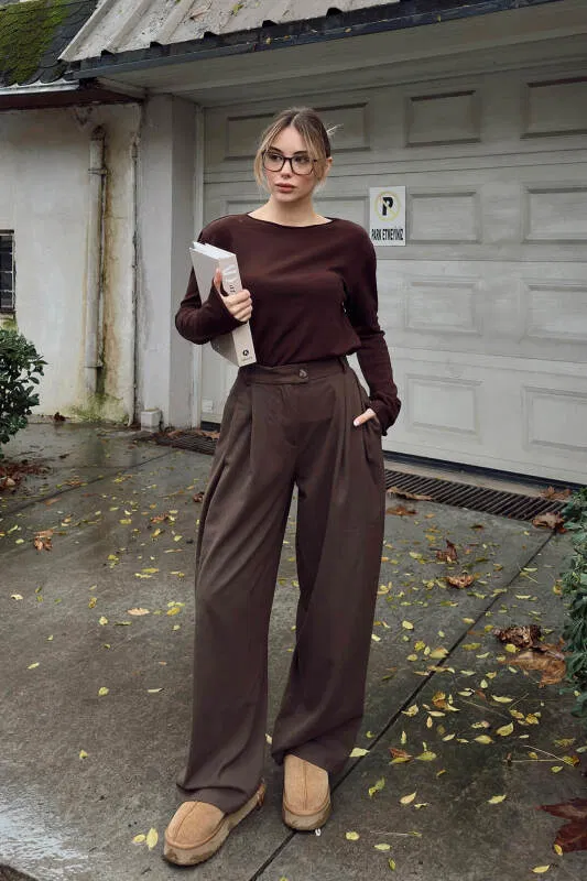 Kahverengi Kayık Yaka Basic Kadın Korsman Triko Bluz - SWİST (2)