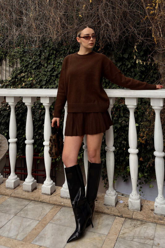 Kahverengi Paloma Piliseli Etek-Bisiklet Yaka Kazak Kadın Triko Alt Üst Takım - SWİST (2)