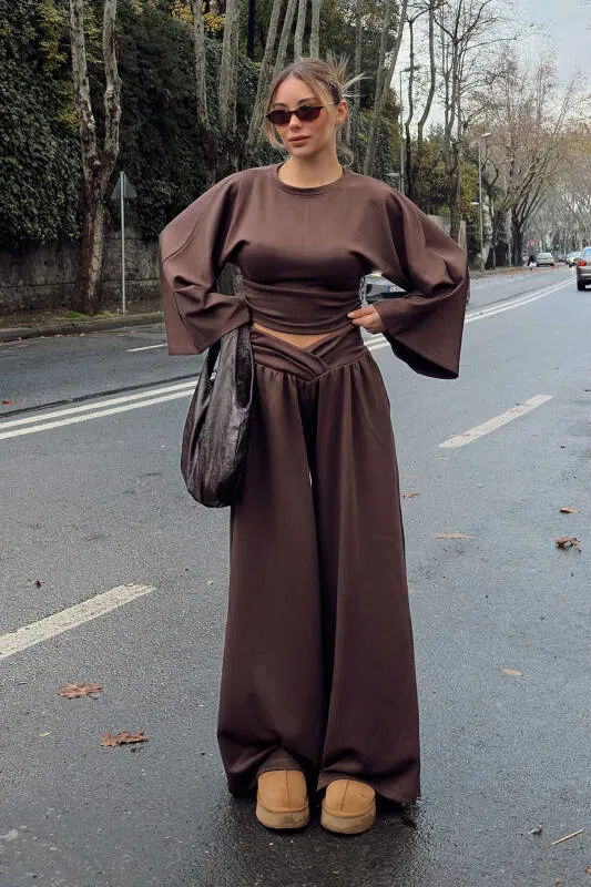 Kahverengi Yarasa Kol Crop Bel Detay Bol Paça Pantolon Kadın Alt Üst Takım - SWİST (2)