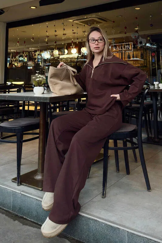 Kahverengi Yarım Fermuar Sweat Pantolon Kadın Alt Üst Takım - SWİST (2)