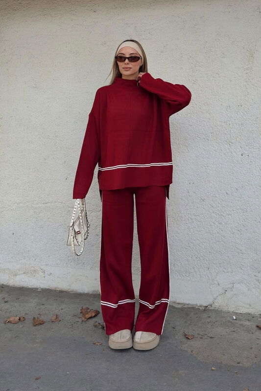 Kırmızı Step Şerit Detaylı Dik Yaka Arkası Uzun Kazak-Pantolon Kadın Triko Alt Üst Takım - SWİST (2)