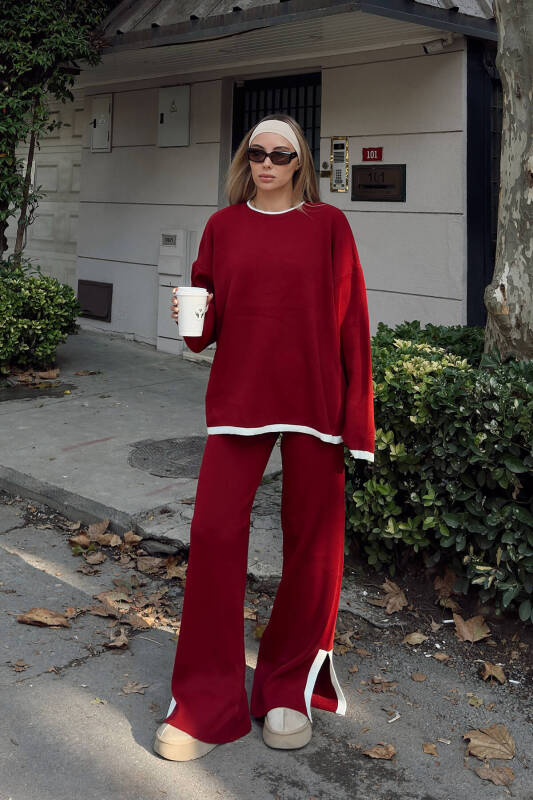 Kırmızı Uma İntersiye Çizgili Yırtmaçlı Oversize Kazak-Pantolon Kadın Triko Alt-Üst Takım - SWİST (2)