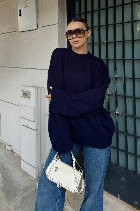 Lacivert Biscuit Bisiklet Yaka Oversize Kadın Triko Kazak - SWİST (2)