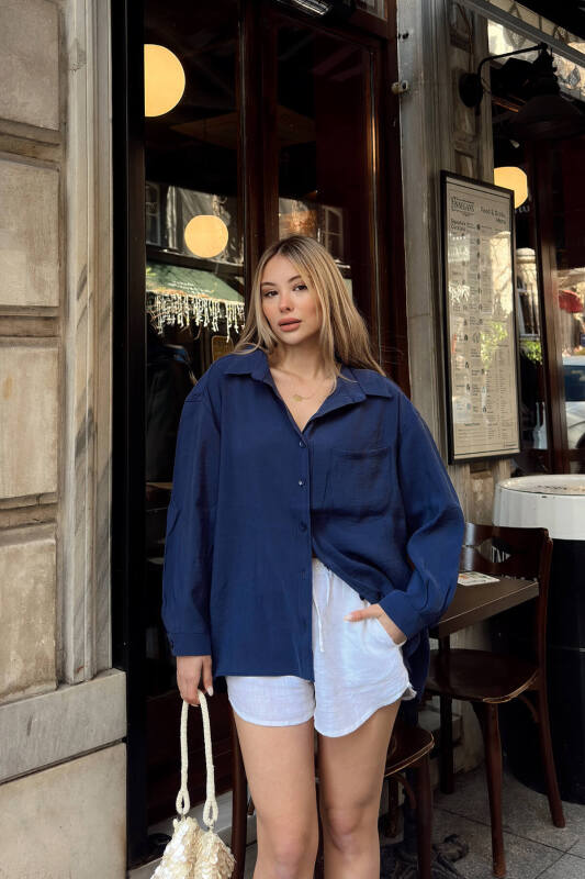 Lacivert Due Oversize Modal A Pile Tek Cepli Kadın Gömlek - SWİST (2)