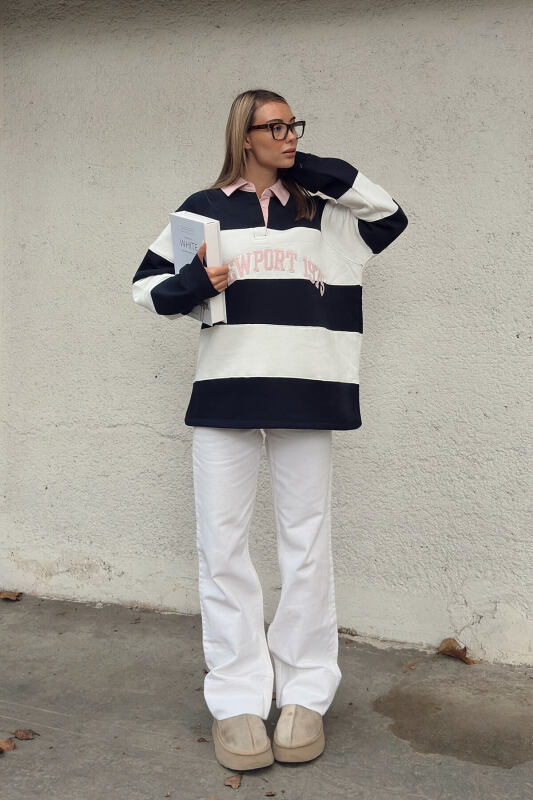 Lacivert New Port Nakışlı Polo Yaka Çizgili İçi Pamuklu Kadın Sweatshirt - SWİST (2)