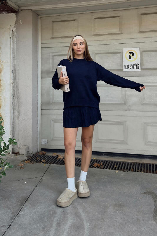 Lacivert Paloma Piliseli Etek-Bisiklet Yaka Kazak Kadın Triko Alt Üst Takım - SWİST (2)