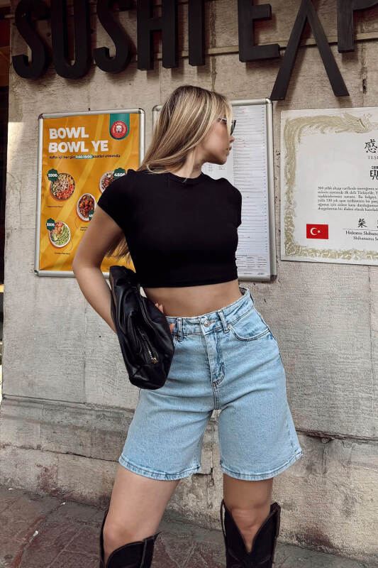 Mavi Yüksek Bel Kadın Fit Denim Şort - SWİST (2)