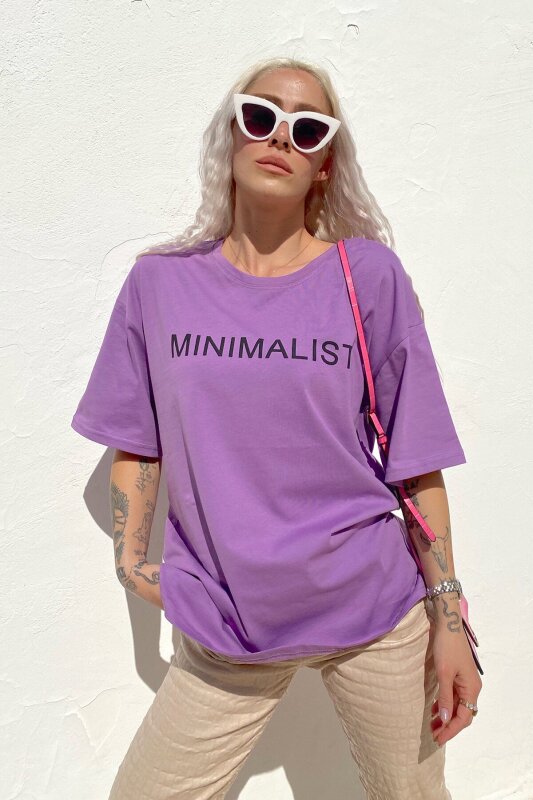 Mor Minimalist Baskılı Bisiklet Yaka Tshirt - SWİST (2)