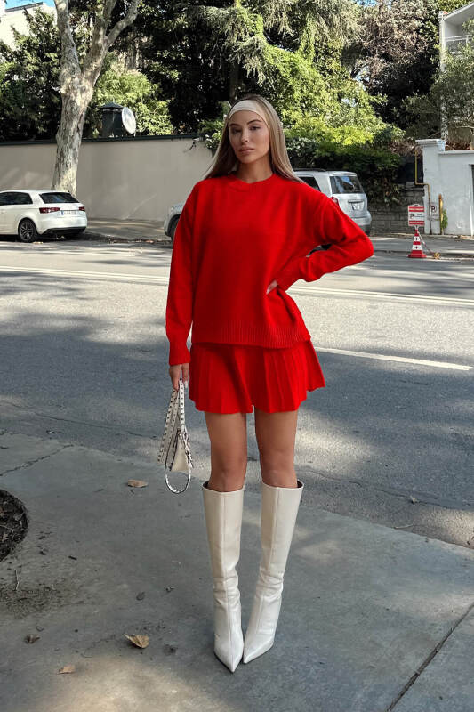 Nar Çiçeği Paloma Piliseli Etek-Bisiklet Yaka Kazak Kadın Triko Alt Üst Takım - SWİST (2)