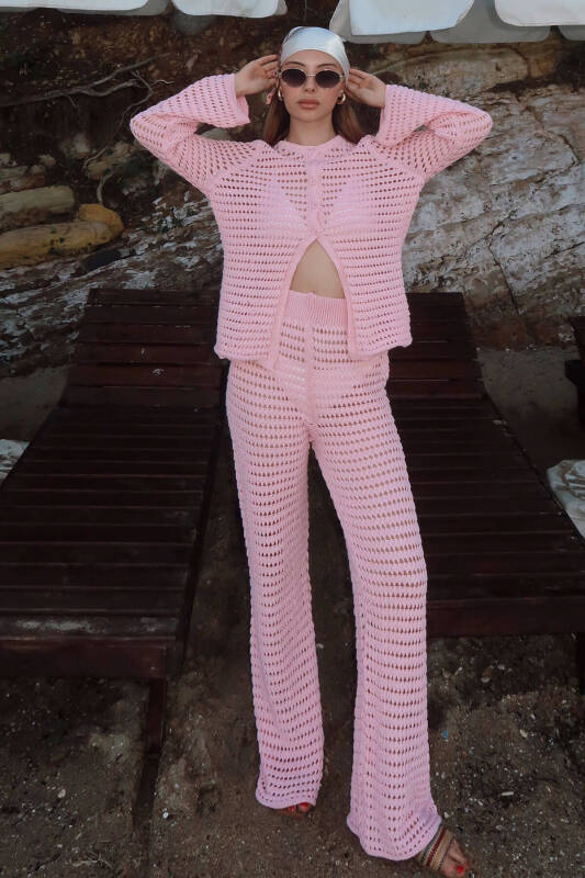 Pembe Ajurlu Hırka-Pantolon Kadın Triko Alt Üst Plaj Takım - SWİST