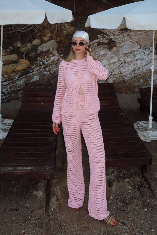 Pembe Ajurlu Hırka-Pantolon Kadın Triko Alt Üst Plaj Takım - SWİST (2)