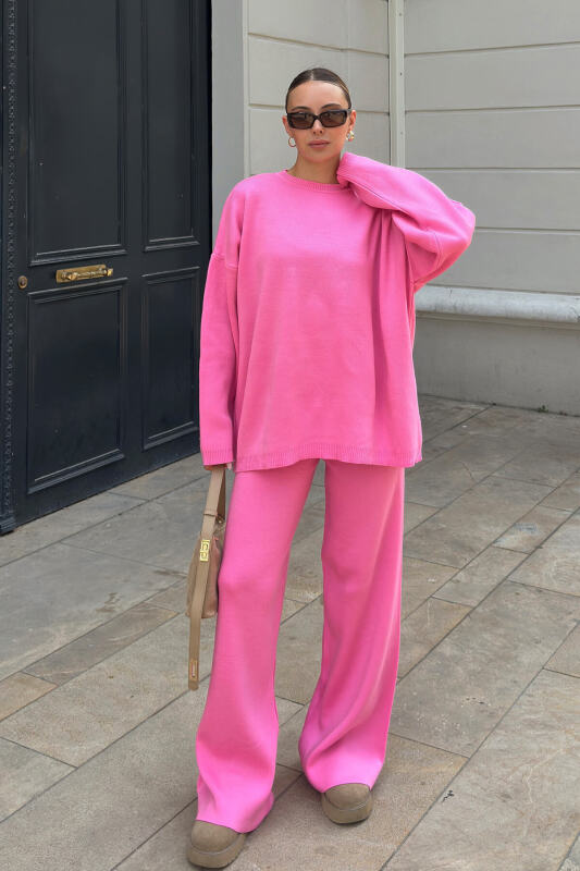 Pembe Bisiklet Yaka Oversize Kazak-Pantolon Örgü Kadın Alt-Üst Takım - SWİST (2)