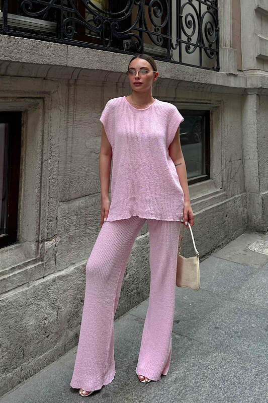 Pembe Düşük Kol Bluz-Pantolon Örme Kadın Triko Alt Üst Takım - SWİST (2)
