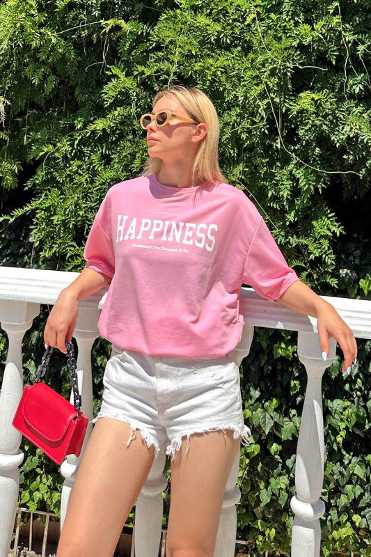 Pembe Happiness Baskılı Oversize Kadın Tshirt - SWİST (2)