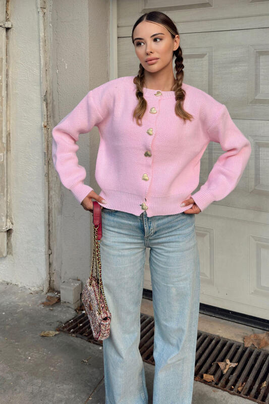 Pembe Heart Gold Kalp Düğmeli Kadın Triko Hırka - SWİST